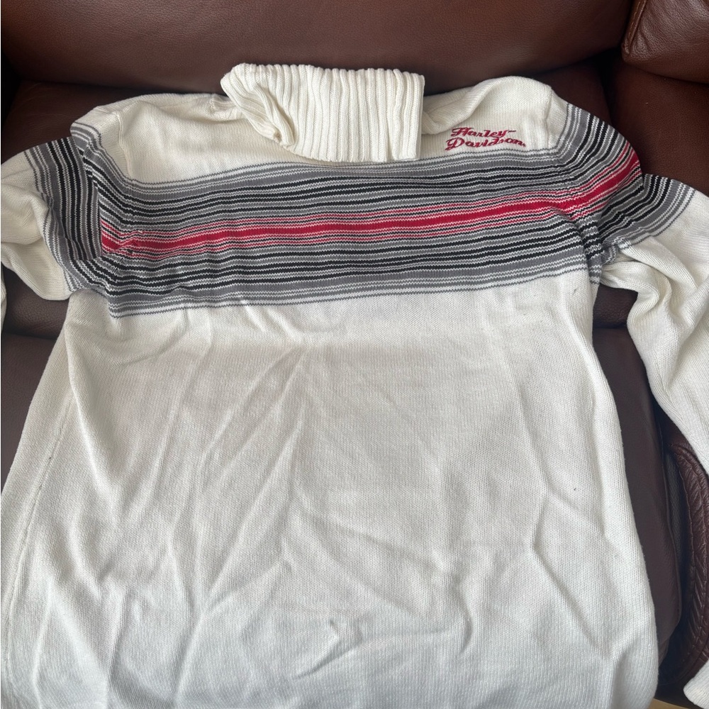 Harley-Davidson Turtleneck sweater with red, grey and black stripes.